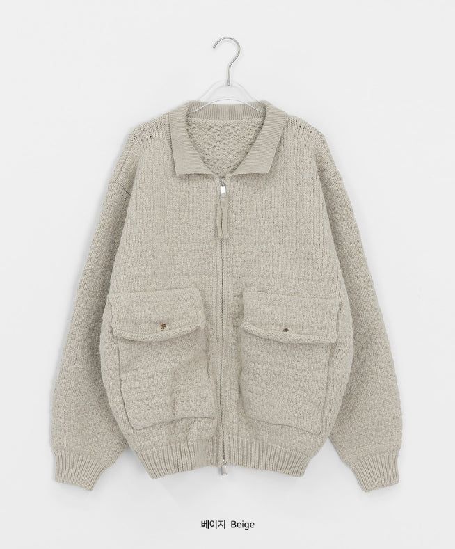 [unisex] Kamba Pocket Collar Cable Knit Zip-Up
