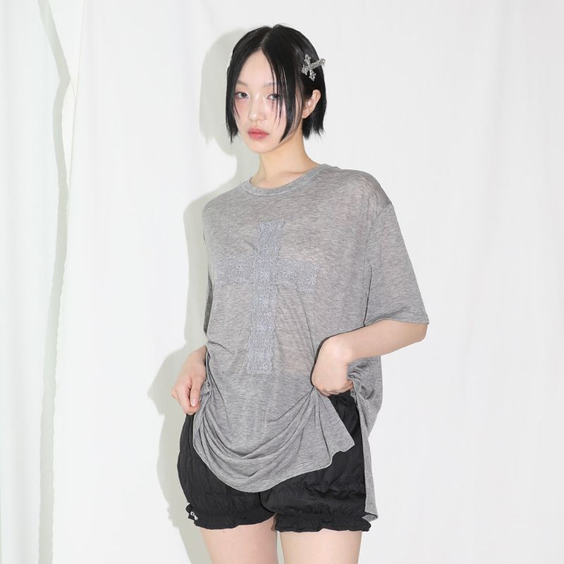 Lace Cross Half T-shirt - GREY