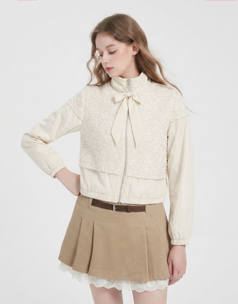 [PRE-FALL] Flora Tweed Layered Ribbon High-Neck String Windbreaker Ivory
