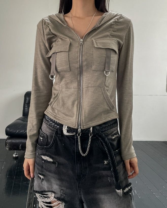 Caro Derring Strap Shirring Hooded Zip-Up