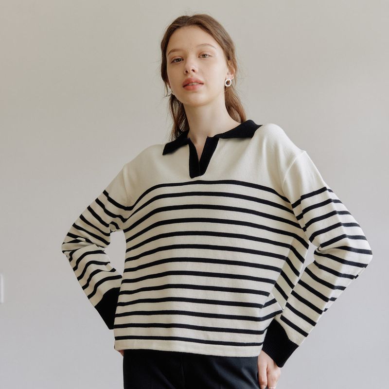 yuppe（ヤッピー）の「ストライプカラーニット / STRIPE COLLAR KNIT_BLACK（Tops）」
