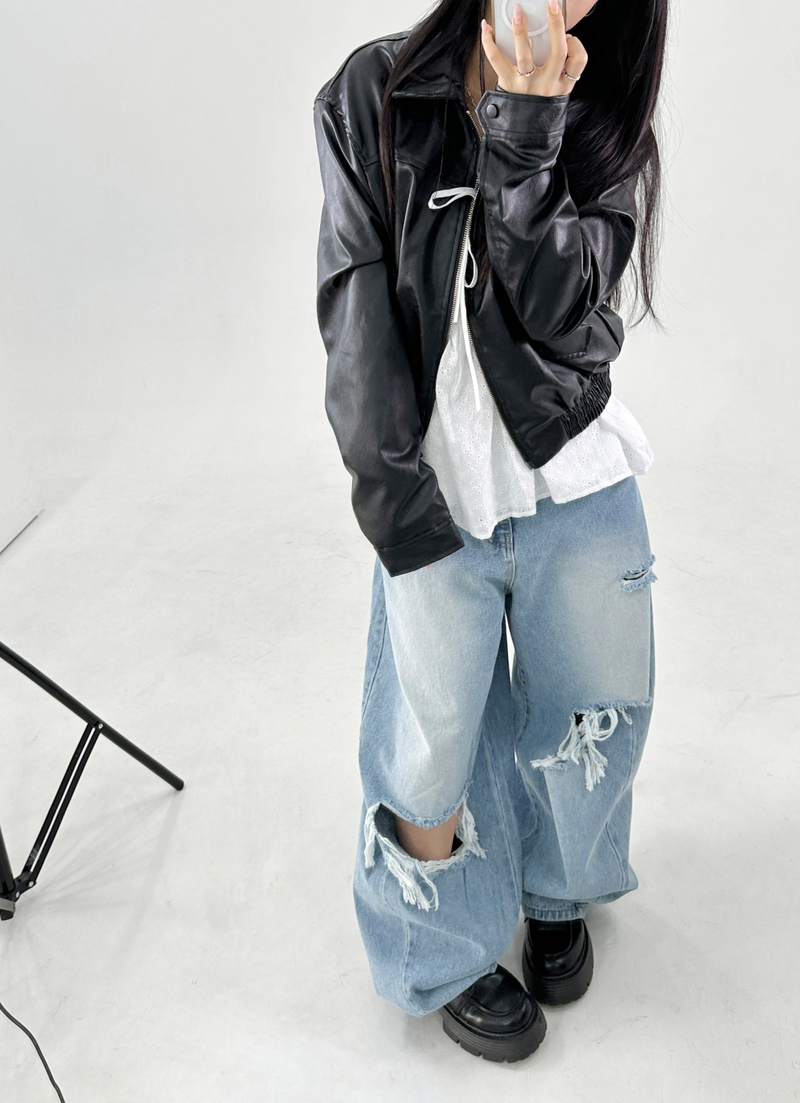 BLOUSON LEATHER JACKET 2-WAY ZIP-UP🖤