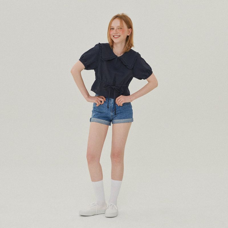 RUFFLE COLLAR CROP BLOUSE_NAVY