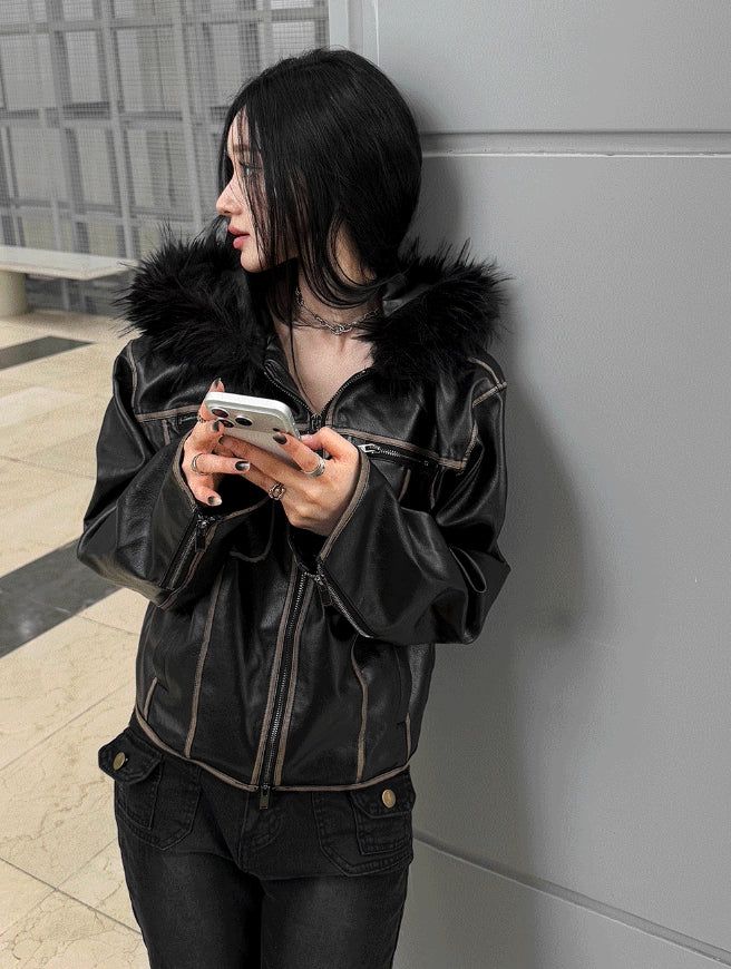 Vintage Noir Leather Zip-up