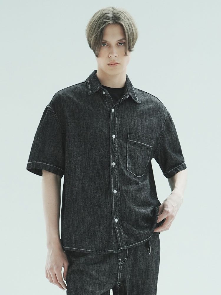 WAAR(ワル)の「M205 LINEN OVER DENIM SHIRT_BLACK(Tops)」