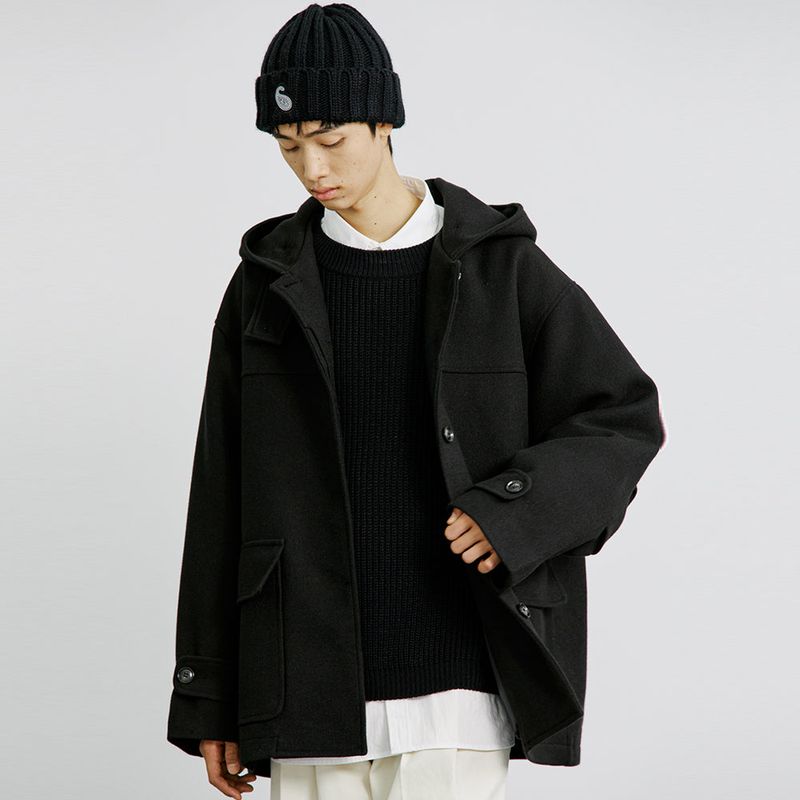 WOOL BLENDED FIELD HOOD COAT BLACK