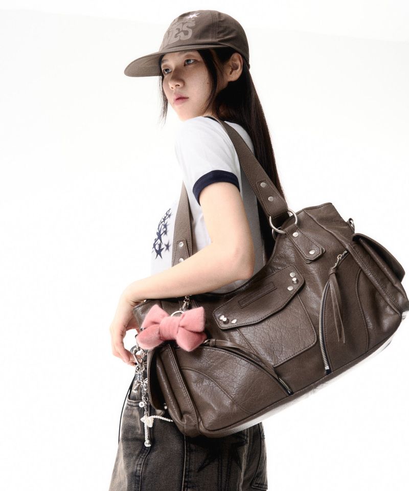 Studded Leather Shoulder Bag (Brown)