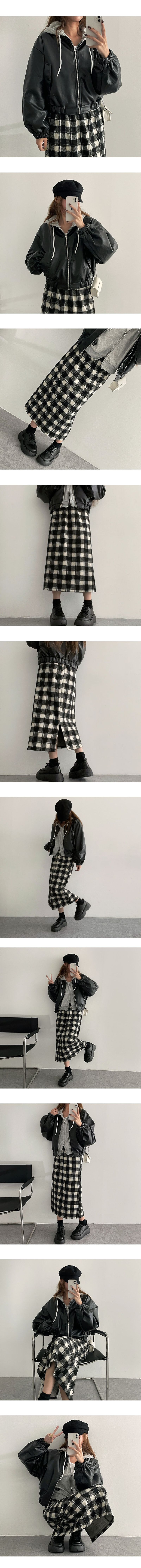 Carball Back Slit Checkered Banding Long Skirt