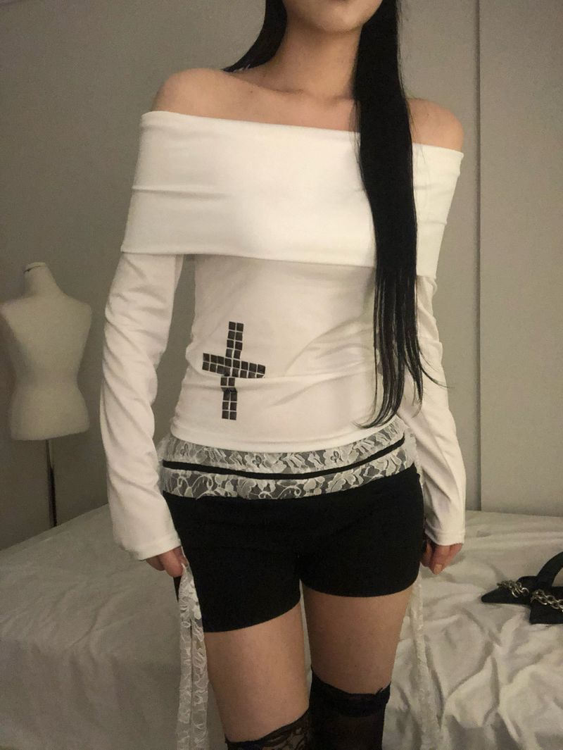 Crystal Stud Cross Off-Shoulder T