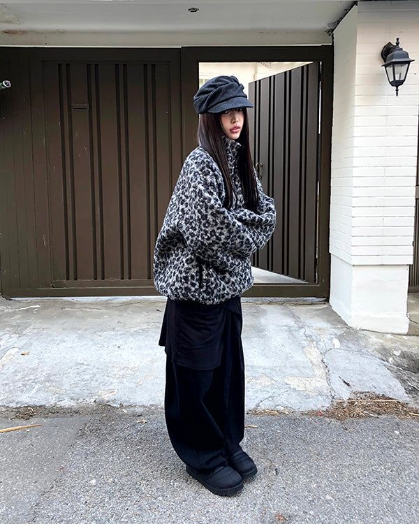 Boran Leopard Teddy Fur Loose Zip-Up Jumper