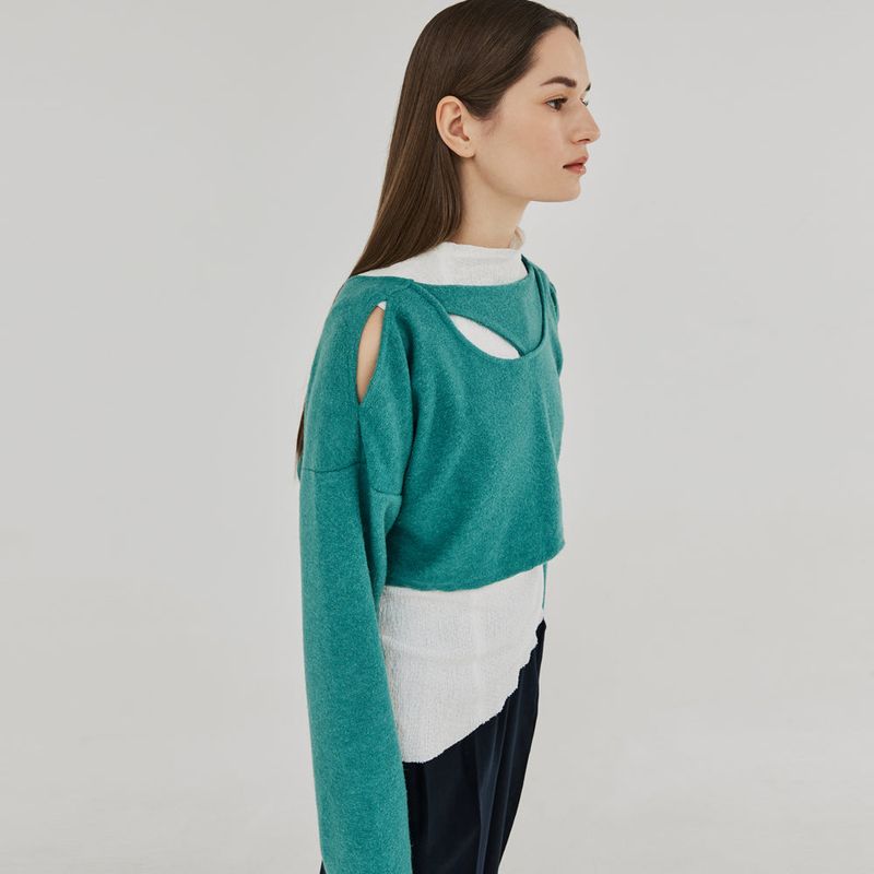 CUT OUT 2-WAY WOOL CROP TOP (BLUEGREEN)