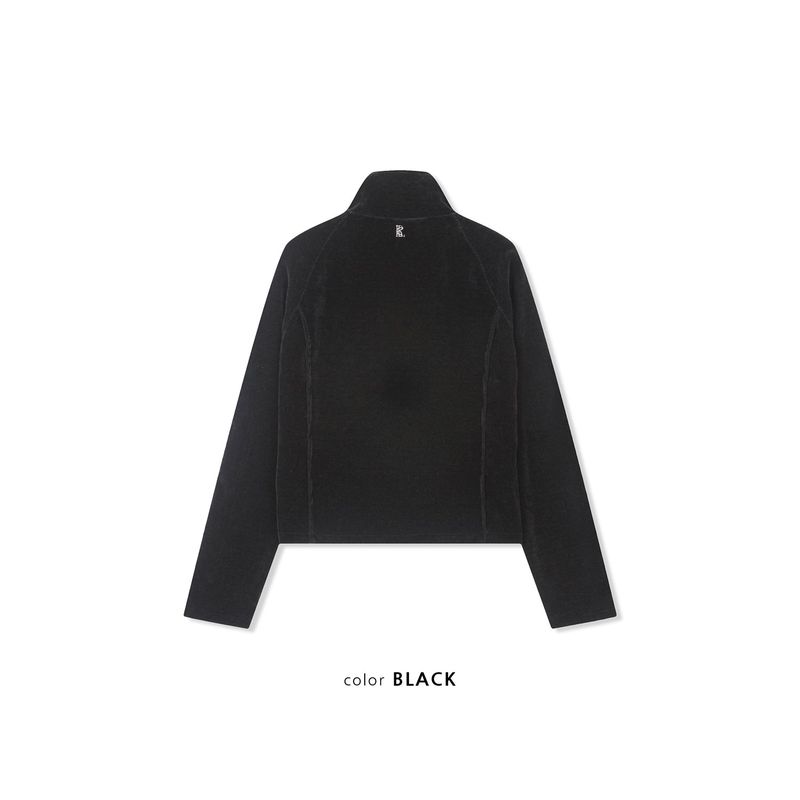 Velvet corduroy curved crop zip up(Black)