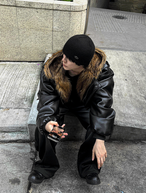 Zeoni fur trim hooded dark black leather jumper