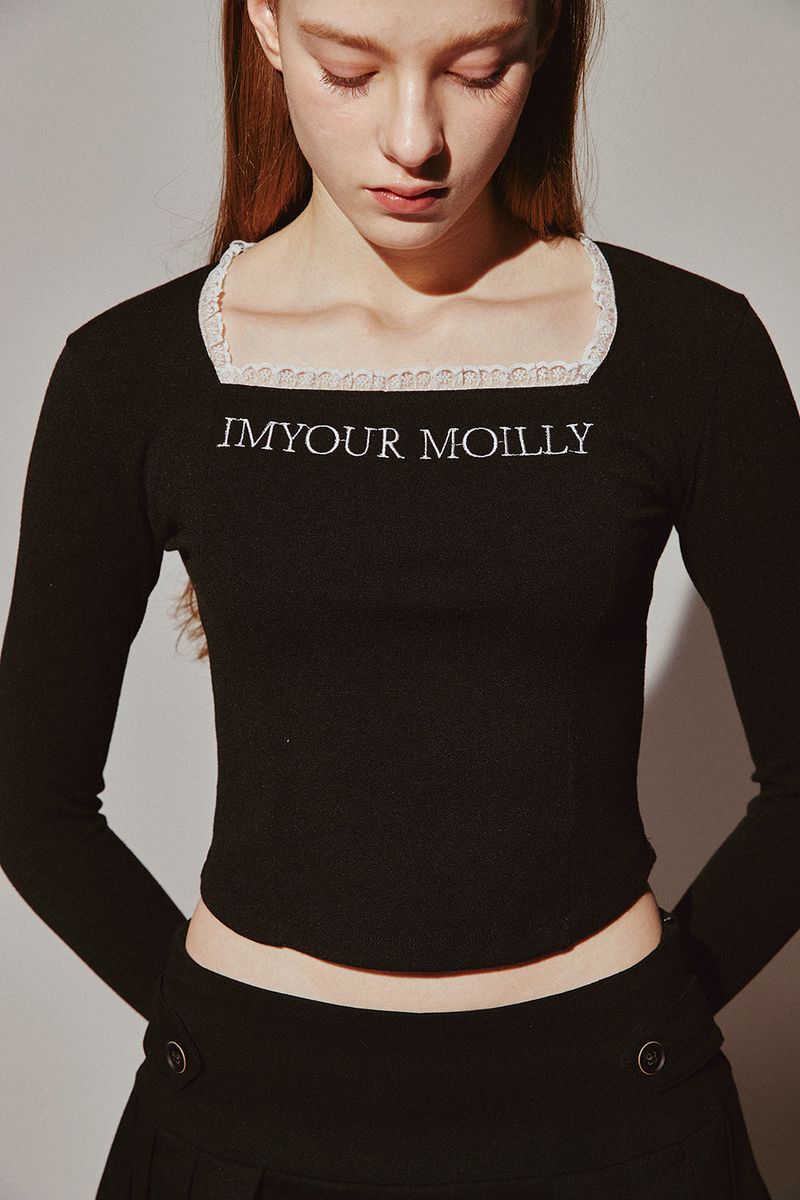 Square Neck Lace Long Sleeve Black