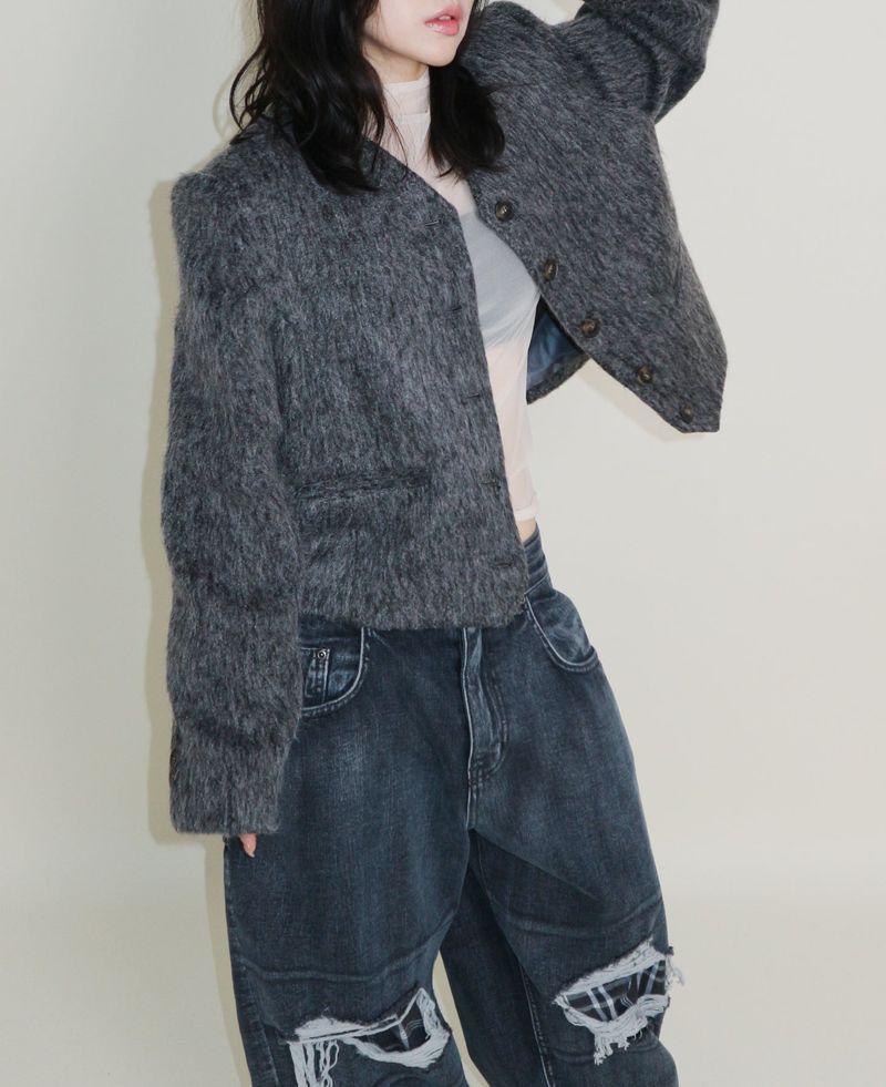Linda Brush Mohair Crop Long Sleeve Jacket