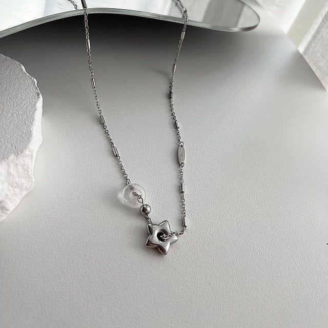 stb hip star y2k stainless steel star white crystal gemstone layered two-way ball necklace