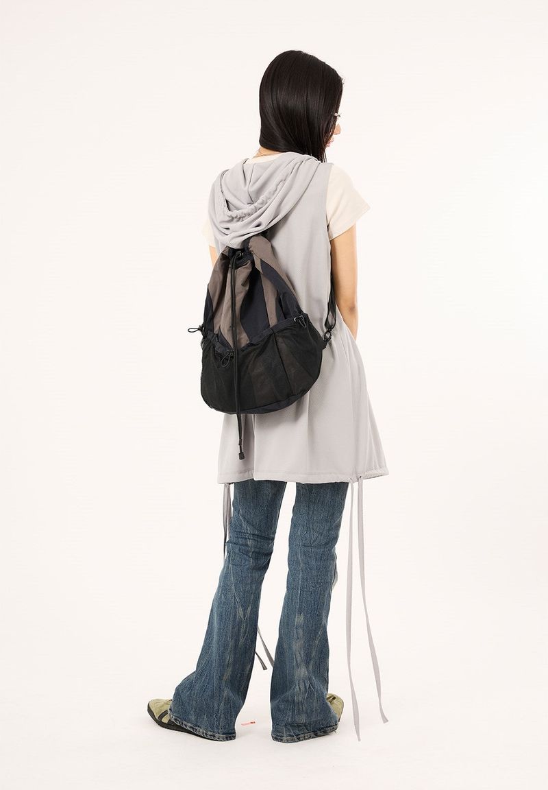 Irregular color block net pocket backpack
