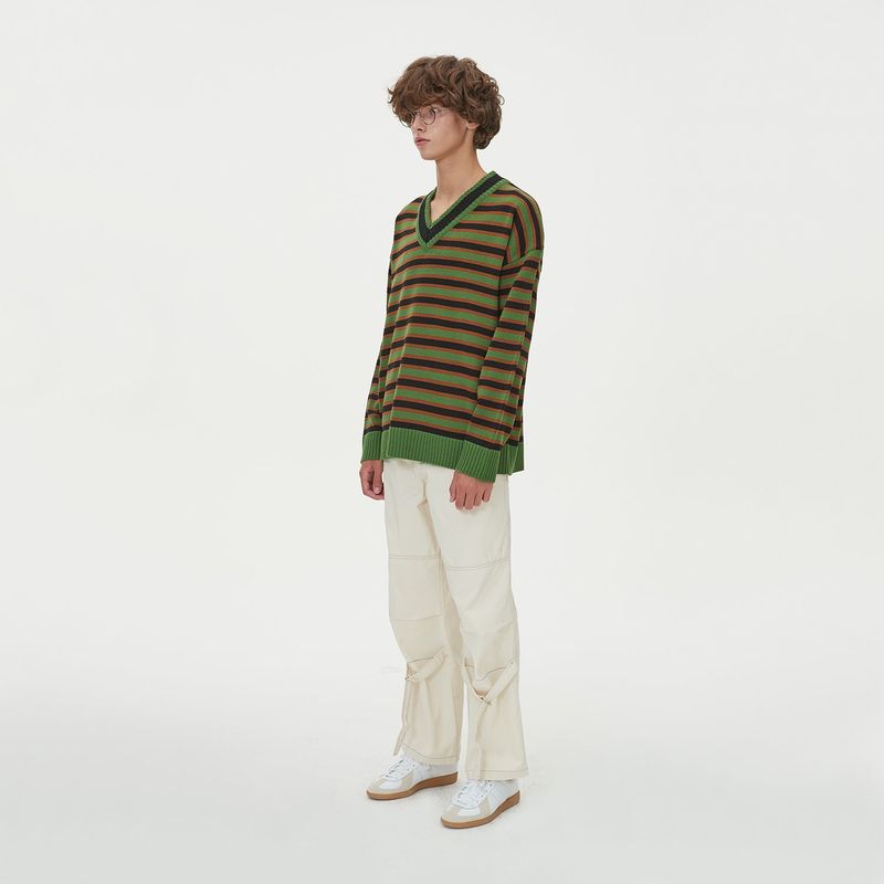 STRIPE V NECK KNIT_GREEN