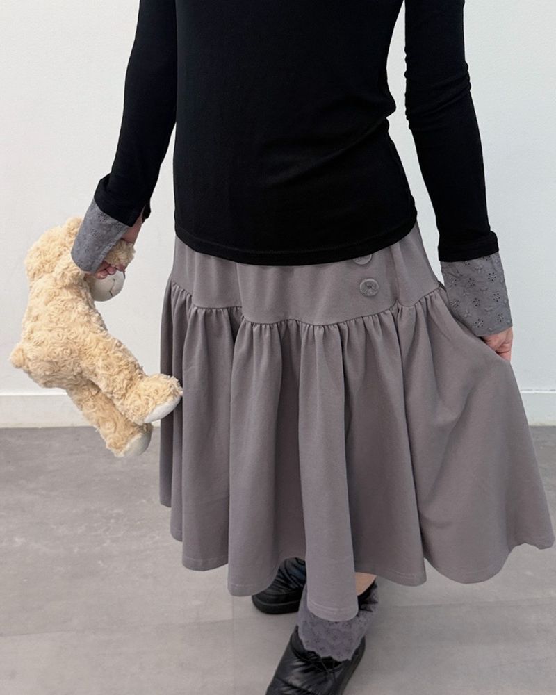 Lace Button Shirring Skirt (light grey)