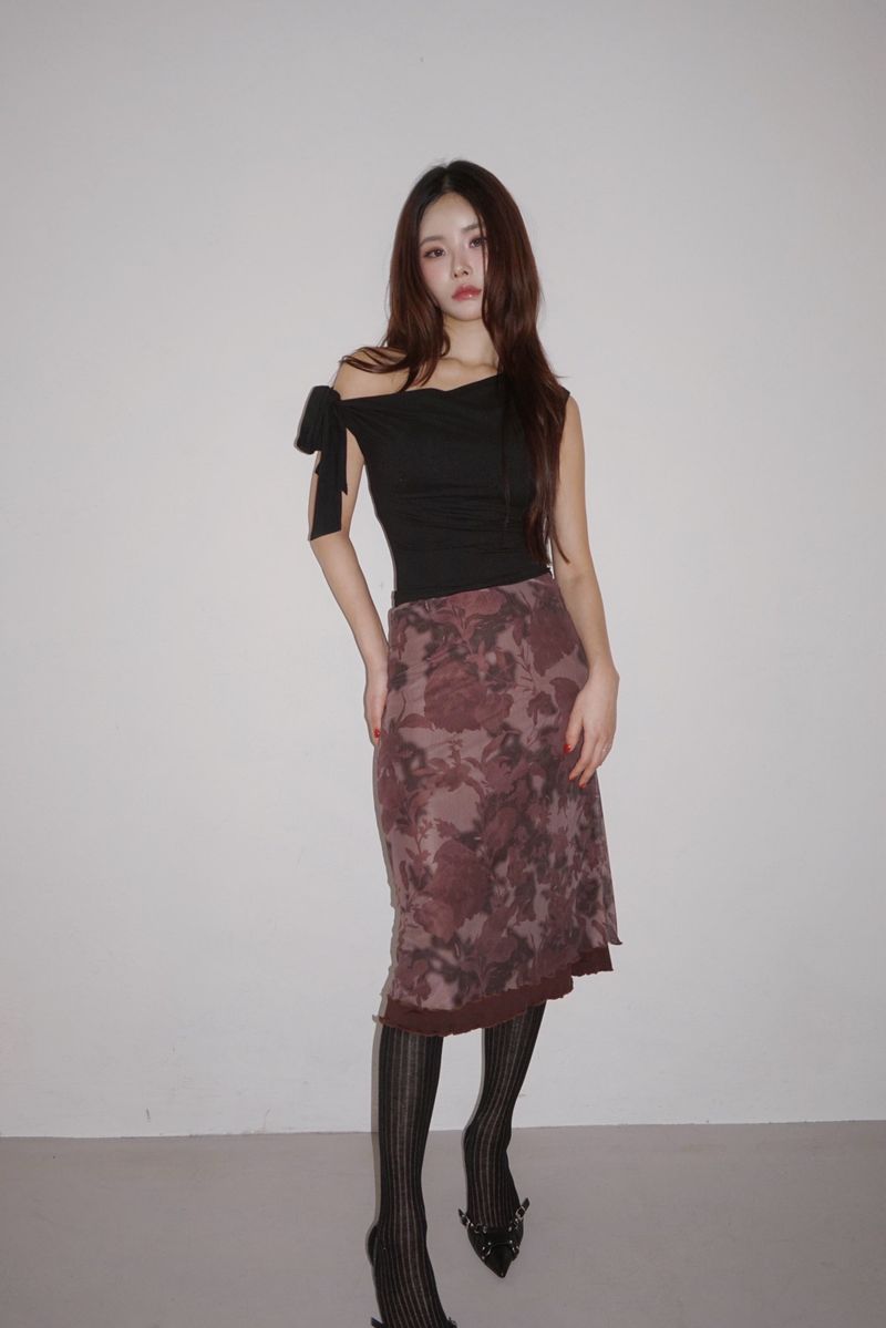 burgundy flower midi skirt
