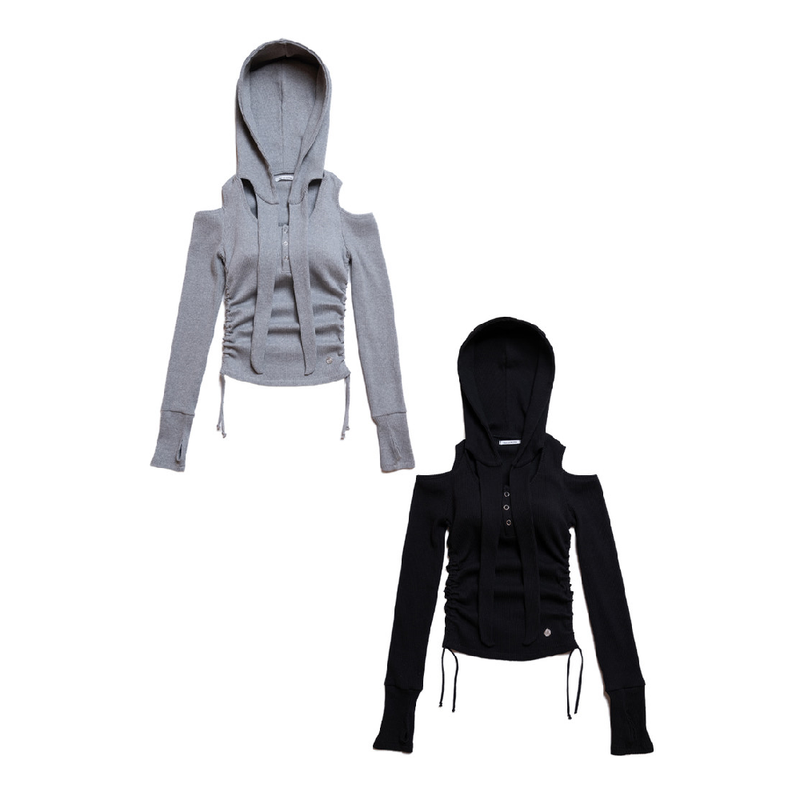 OFF SHOULDER HOODED LONG SLEEVE BLACK