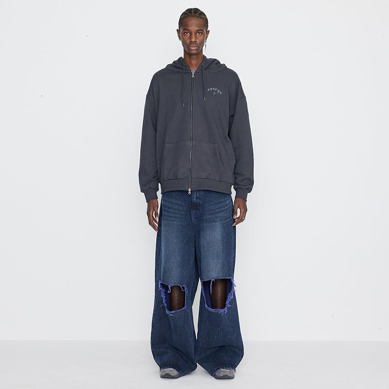 Destroyed Knee Wide Denim Pants Blue & Purple