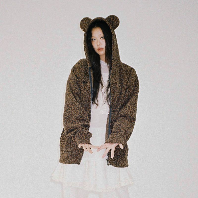 Teddy Leopard Zip-Up Hoodie – Brown