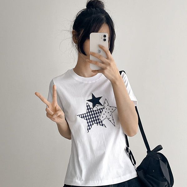 [Check Patch T-Shirt⭐] Three-Color Short Sleeve Tee (2 colors)