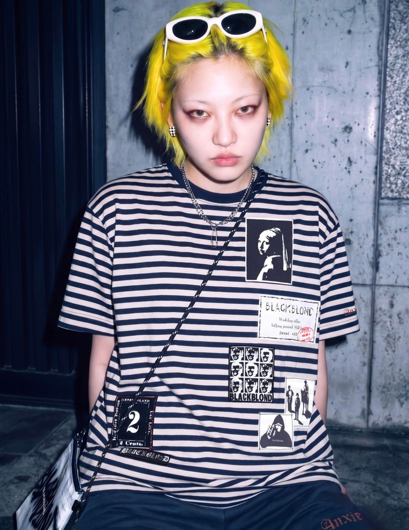 BBD アングザイエティ マルチ パッチ ストライプ Tシャツ(Navy&Sand)
