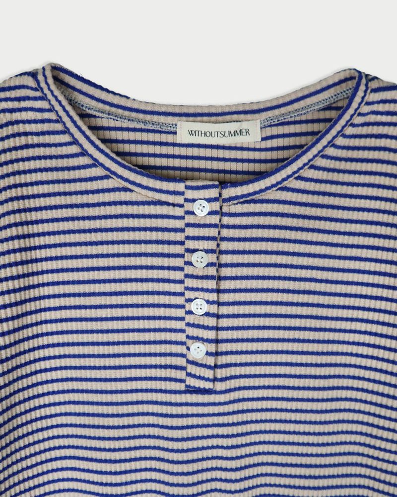 ストライプボタンTシャツ_ブルー