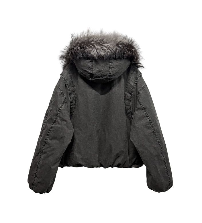 [LANARCH] Fox Fur Hood Bomber Jacket