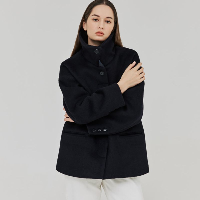 HERRINGBONE HIGH-NECK HALF COAT (NAVY)