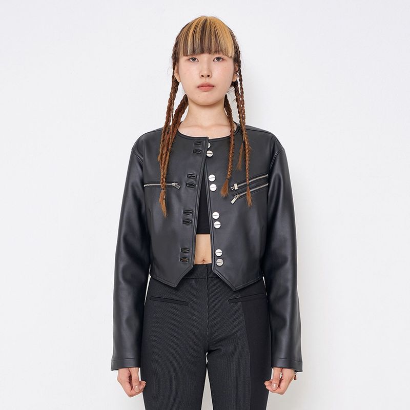 Faux-Leather Cropped Jacket _ Black