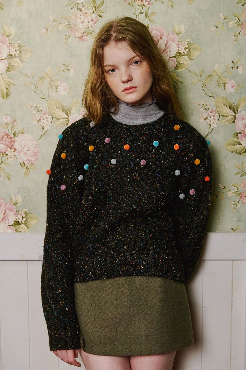 Pom Pom Mix Knit [Charcoal Black]