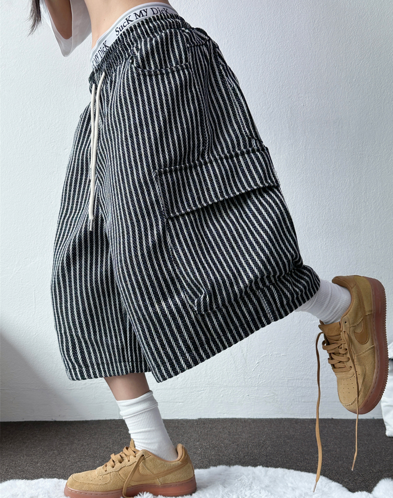 STRIPE CARGO BALLOON BERMUDA 💙🖤🤍2COLOR