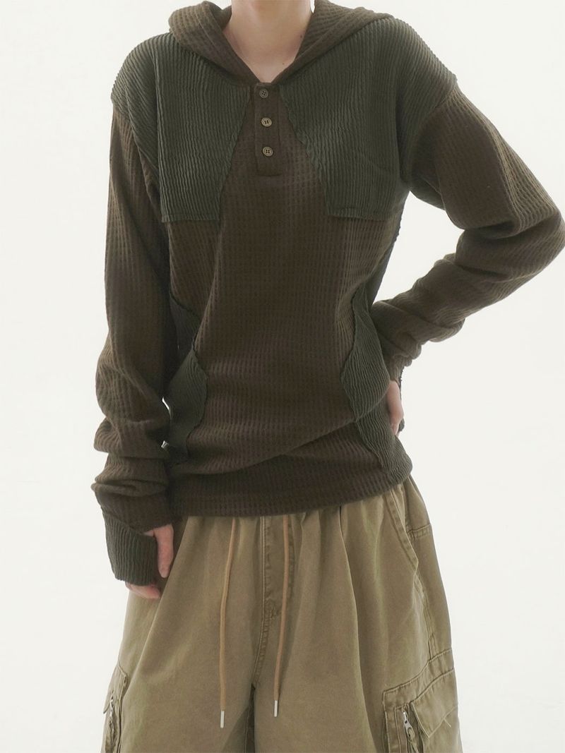 Woksta henley neck finger hole hood knit -3C