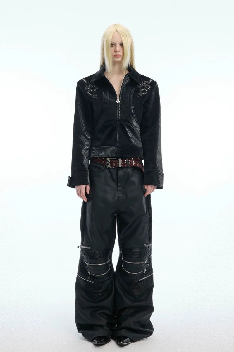 Studded Spine Embroidered PU Leather Jacket