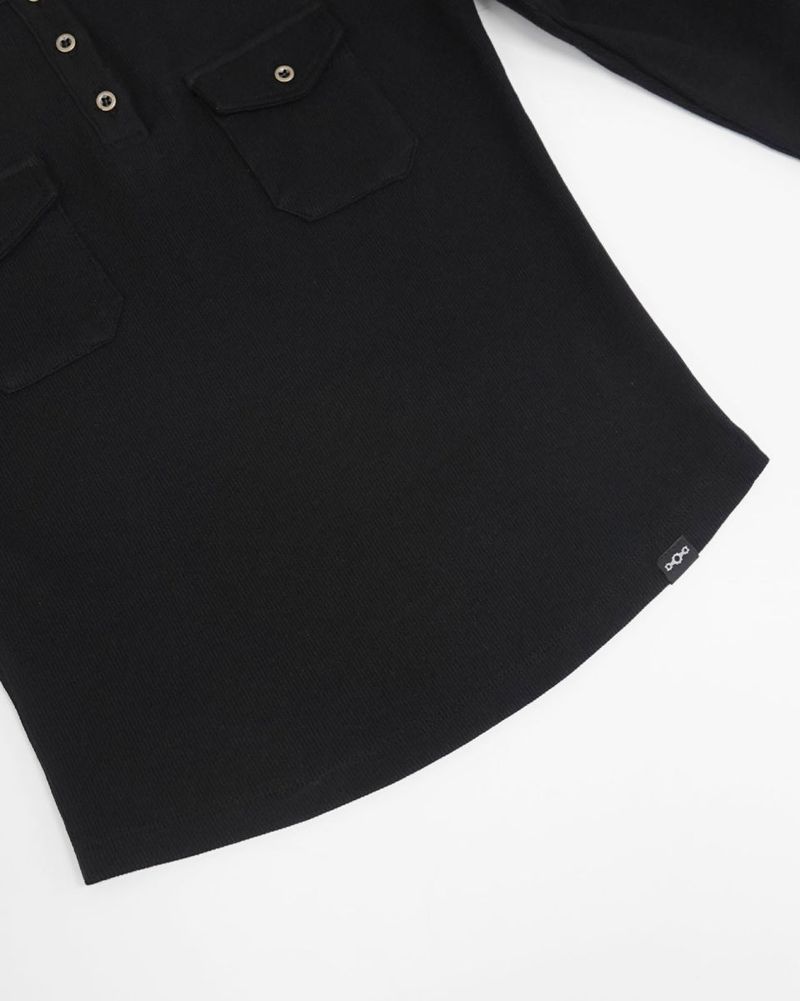 Pocket Henley Neck Ribbed Long Sleeve Black