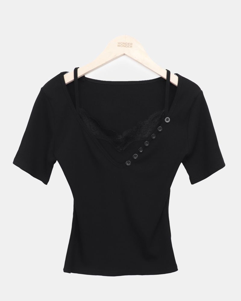 ジュヒン レース ボタン ショートスリーブ Tシャツ