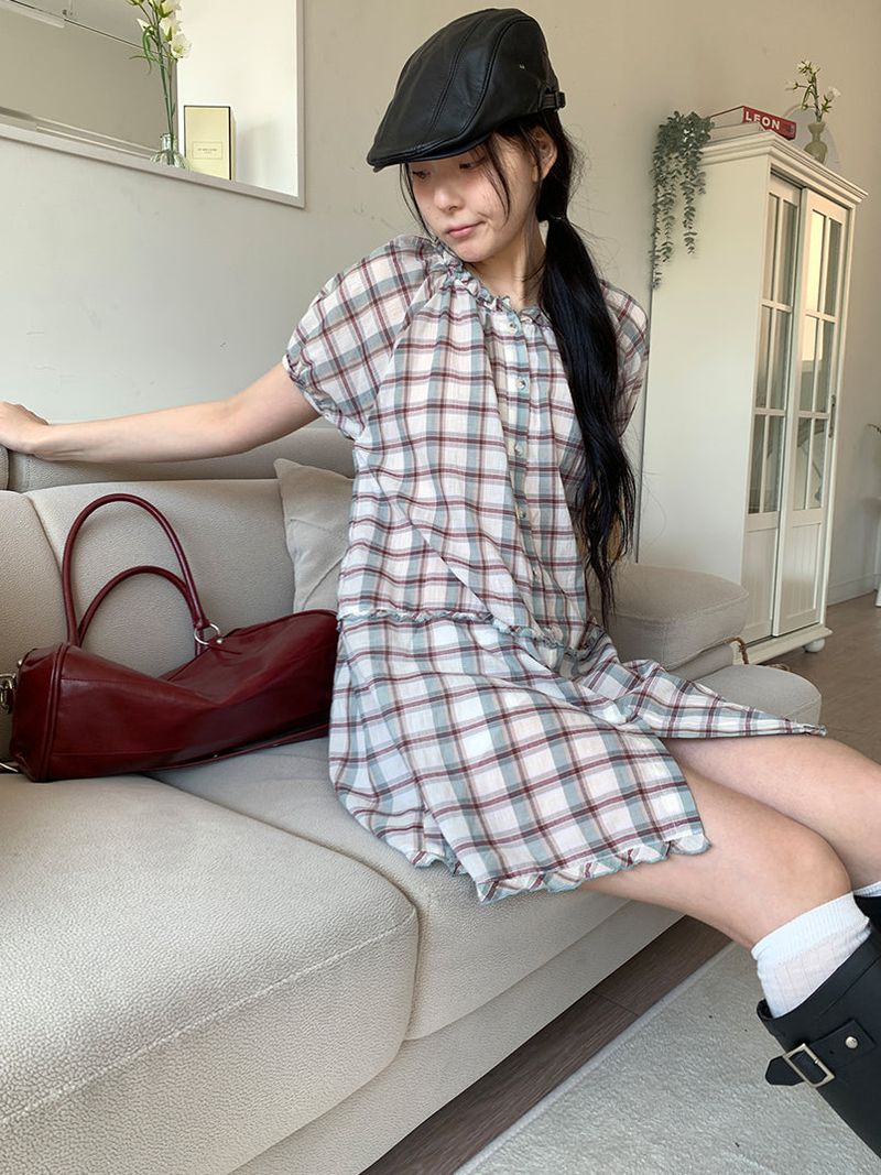 SAGE CHECK FRILL DRESS (2C)