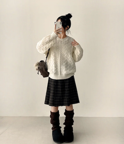 Bomi A-line pleated check midi skirt 