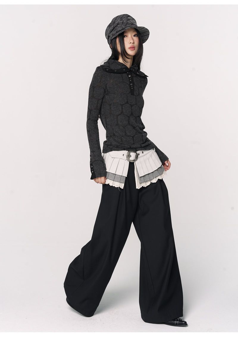 CONFUN Henry rivet patchwork lapel jacquard knitted slim top