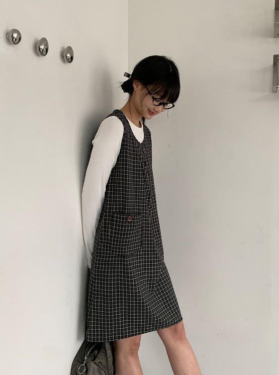 ガンスリン チェック スリーブレス ボタン ワンピース