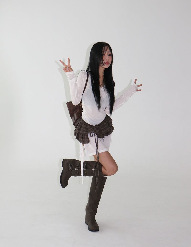 See-through Shirring V-neck Long T-shirt