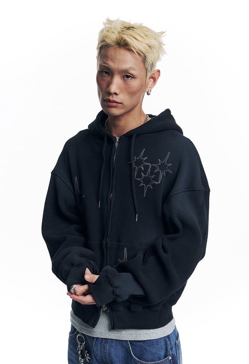 Washed Star Waffle Hooded Zip-Up - Black