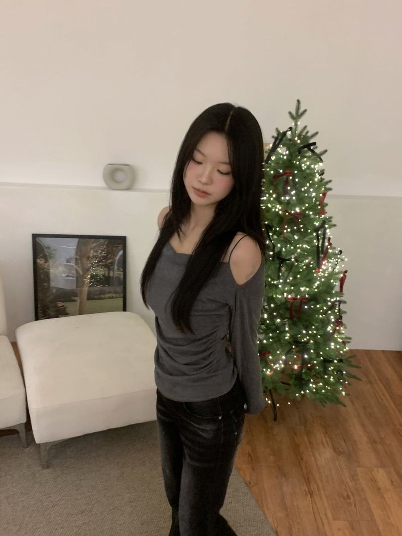 Jenn Muse Off-Shoulder Strap Drape Long Sleeve Top