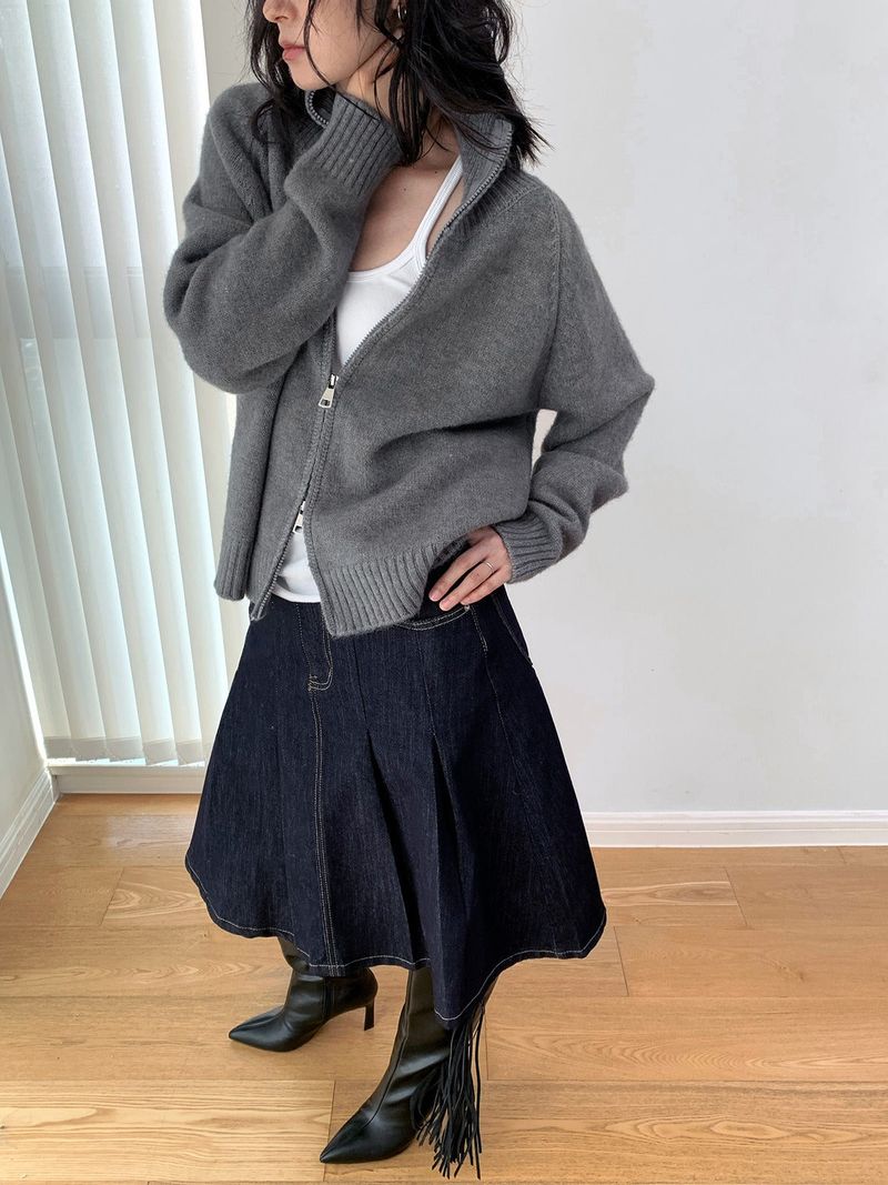 Stand Collar High Neck Zip-Up Long Sleeve Knitwear