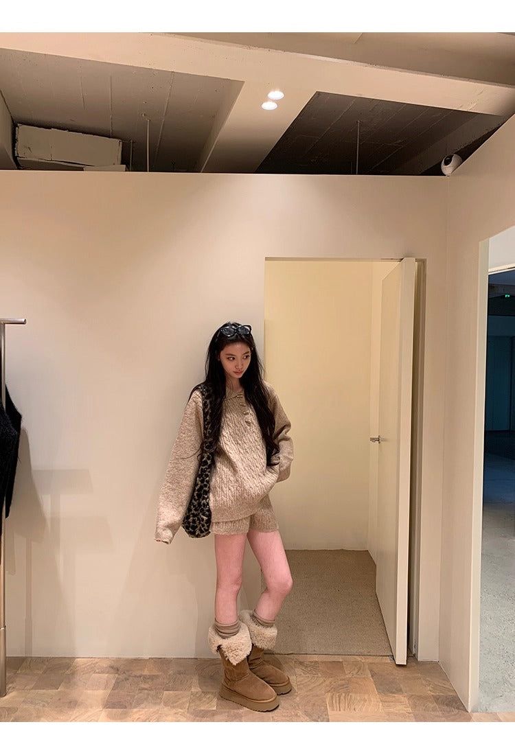 Oatmeal toggle wool twisted knitwear two-piece set