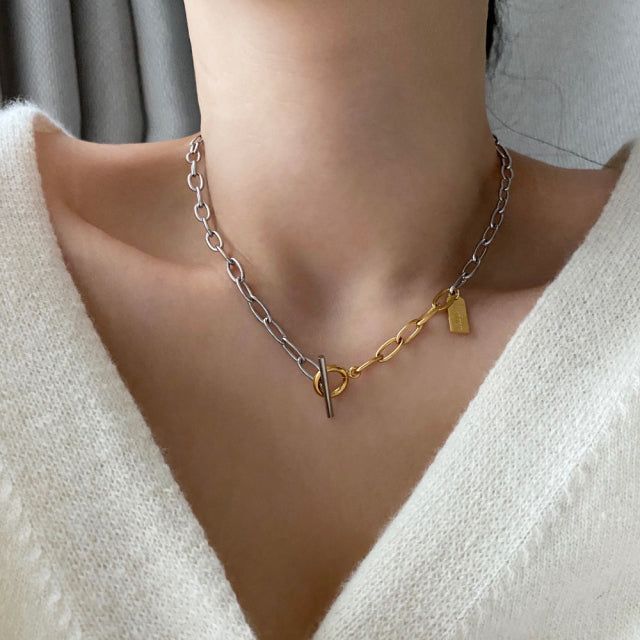 lx Two Tone Toggle Bar Bold Chain Short Necklace