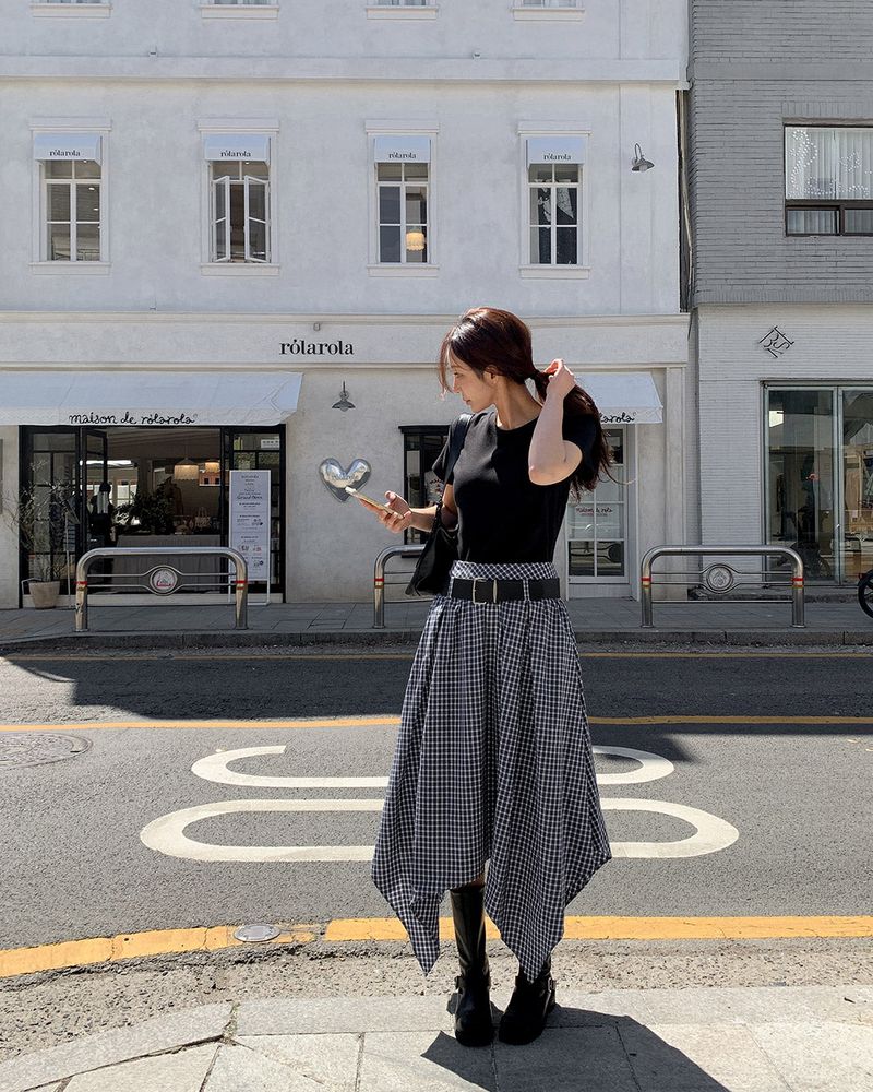 Morang check skirt & belt set